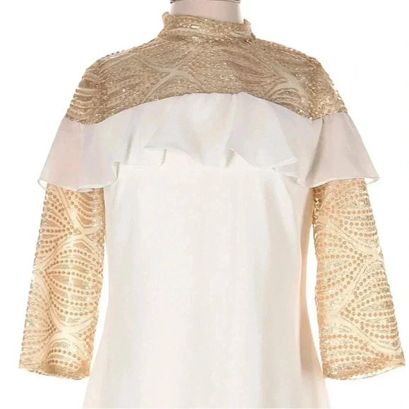 Roberta Biagi Gold Sequins 3/4 Sleeves Cocktail Ruffle Designer Dress Size S NWT - Picture 3 of 7